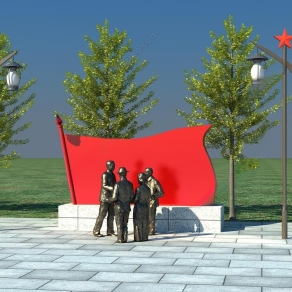 现代党建毛主席与百姓红旗雕塑3D模型下载